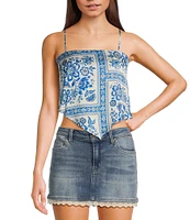 Honey & Sparkle Woven Printed Satin Spaghetti Strap Hanky Hem Top