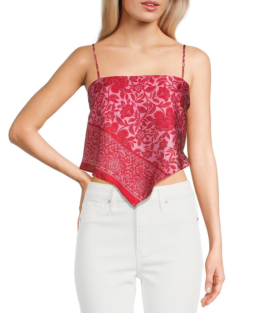 Honey & Sparkle Woven Print Satin Spaghetti Strap Hanky Hem Top