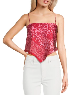 Honey & Sparkle Woven Print Satin Spaghetti Strap Hanky Hem Top
