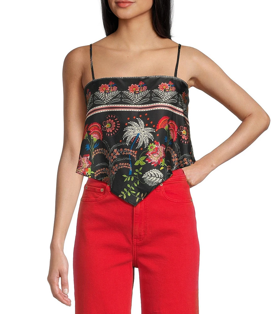 Honey & Sparkle Woven Pattern Satin Spaghetti Strap Hanky Hem Top