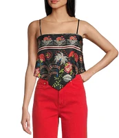 Honey & Sparkle Woven Pattern Satin Spaghetti Strap Hanky Hem Top