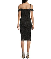 Honey and Rosie Adjustable Strap Sleeveless Fitted Mesh Rhinestone Midi Dress