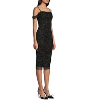 Honey and Rosie Adjustable Strap Sleeveless Fitted Mesh Rhinestone Midi Dress