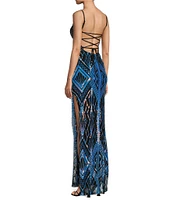 Honey and Rosie Deep V-Neck Sequin Patterned Gown