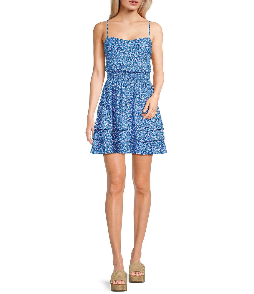 Honey and Rosie Ditsy Floral Rib Knit Sweetheart Neck Smocked Waist Tiered Dress