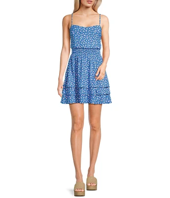 Honey and Rosie Ditsy Floral Rib Knit Sweetheart Neck Smocked Waist Tiered Dress
