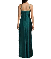 Honey and Rosie Drape Sweetheart Neck Side Slit Faux Feather Boa Trim Long Dress