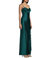 Honey and Rosie Drape Sweetheart Neck Side Slit Faux Feather Boa Trim Long Dress