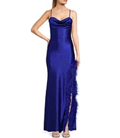 Honey and Rosie Drape Sweetheart Neck Side Slit Faux Feather Boa Trim Long Dress