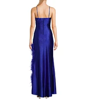 Honey and Rosie Drape Sweetheart Neck Side Slit Faux Feather Boa Trim Long Dress