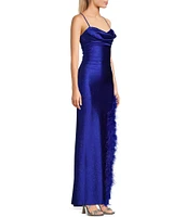 Honey and Rosie Drape Sweetheart Neck Side Slit Faux Feather Boa Trim Long Dress