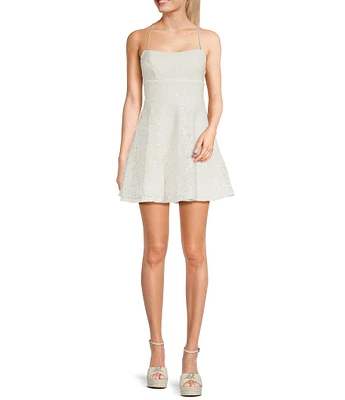 Honey and Rosie Embroidered Sequin Square Neck Spaghetti Strap Criss Cross Back Fit & Flare Dress