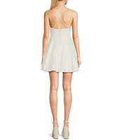 Honey and Rosie Embroidered Sequin Square Neck Spaghetti Strap Criss Cross Back Fit & Flare Dress