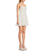 Honey and Rosie Embroidered Sequin Square Neck Spaghetti Strap Criss Cross Back Fit & Flare Dress