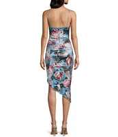 Honey and Rosie Floral Print Stretch Satin Cowl Neck Corset Inspired Asymmetrical Hem Dress