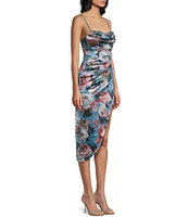 Honey and Rosie Floral Print Stretch Satin Cowl Neck Corset Inspired Asymmetrical Hem Dress