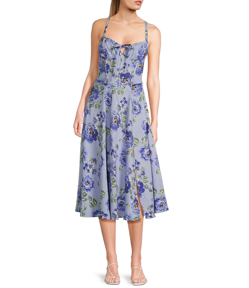 Honey and Rosie Floral Sateen Sweetheart Neck A-Line Midi Dress