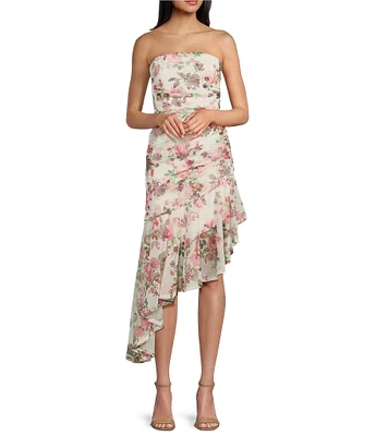 Honey and Rosie Floral Sequin Strapless Sleeveless Wide Ruffle Shirred Dress