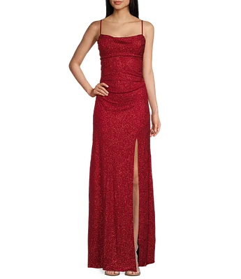 Honey and Rosie Glitter Cowl Neck Front Slit Long Dress