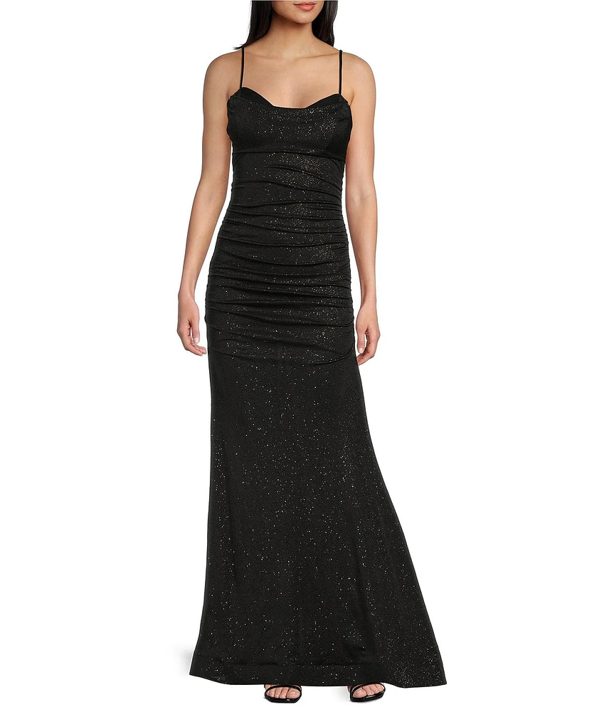 Honey and Rosie Glitter Drape Neck Adjustable Strap Shirred Gown