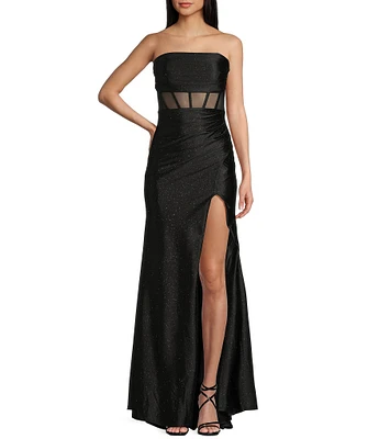 Honey and Rosie Glitter Knit Strapless Corset Front Slit Gown