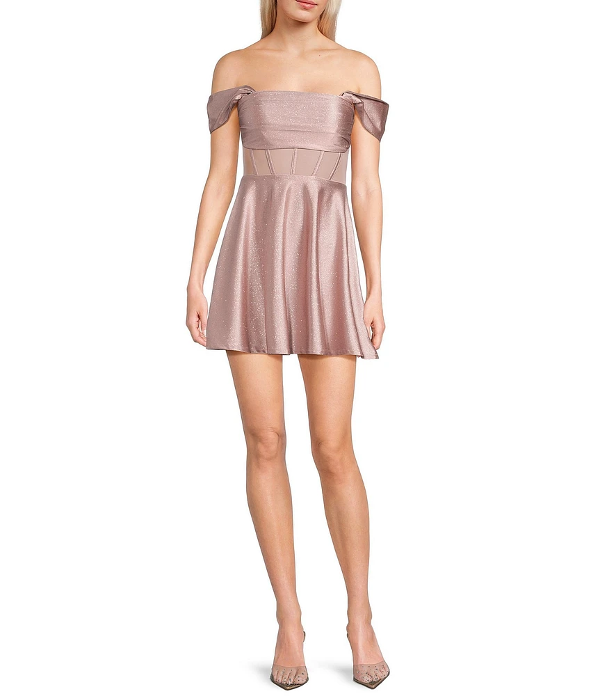Honey and Rosie Glitter Knit Strapless Off-The-Shoulder Pleated Bodice Mesh Illusion Corset Dress