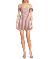 Honey and Rosie Glitter Knit Strapless Off-The-Shoulder Pleated Bodice Mesh Illusion Corset Dress