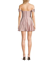 Honey and Rosie Glitter Knit Strapless Off-The-Shoulder Pleated Bodice Mesh Illusion Corset Dress