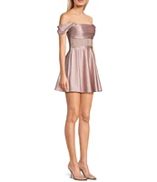 Honey and Rosie Glitter Knit Strapless Off-The-Shoulder Pleated Bodice Mesh Illusion Corset Dress
