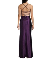 Honey and Rosie Glitter Lace-Up Back Front Slit Mermaid Long Dress