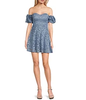 Honey and Rosie Glitter Stretch Lace Off-The-Shoulder Puff Sleeve Dress