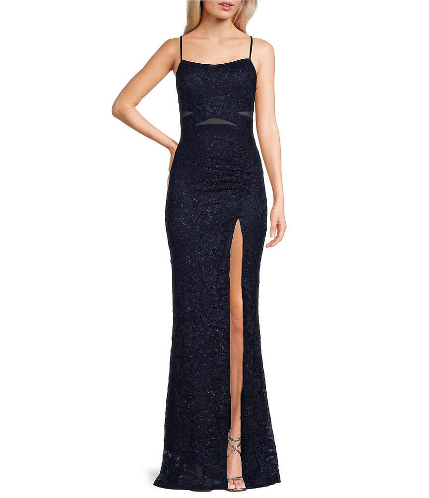Honey and Rosie Glittered Stretch Lace Square Neck Criss Cross Mesh Insert Front Slit Dress