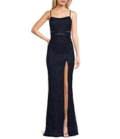 Honey and Rosie Glittered Stretch Lace Square Neck Criss Cross Mesh Insert Front Slit Dress