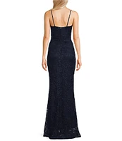 Honey and Rosie Glittered Stretch Lace Square Neck Criss Cross Mesh Insert Front Slit Dress