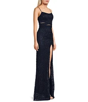 Honey and Rosie Glittered Stretch Lace Square Neck Criss Cross Mesh Insert Front Slit Dress
