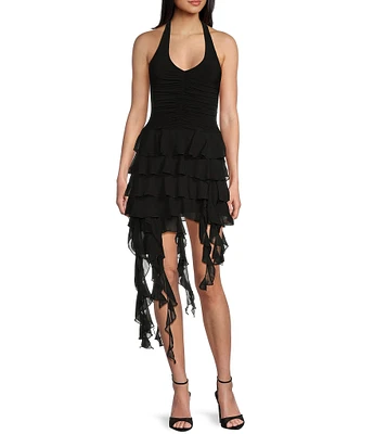 Honey and Rosie Halter Neck Tie Back Corkscrew Skirt Dress