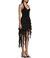 Honey and Rosie Halter Neck Tie Back Corkscrew Skirt Dress