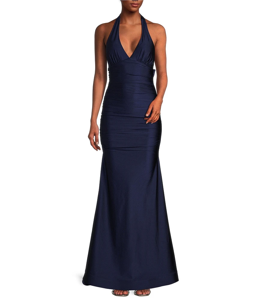 Honey and Rosie Halter V-Neck Tie Back Cummerbund Waist Gown