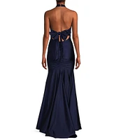 Honey and Rosie Halter V-Neck Tie Back Cummerbund Waist Gown