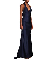 Honey and Rosie Halter V-Neck Tie Back Cummerbund Waist Gown