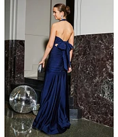 Honey and Rosie Halter V-Neck Tie Back Cummerbund Waist Gown