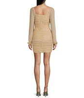 Honey and Rosie Long Sleeve Glitter Knit With Pearls Shirred Fitted Dress