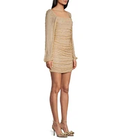 Honey and Rosie Long Sleeve Glitter Knit With Pearls Shirred Fitted Dress