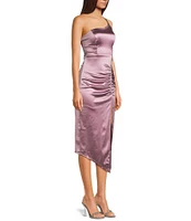 One Shoulder Shirred Side Slit Satin Midi Dress