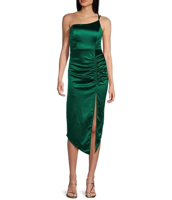 One Shoulder Shirred Side Slit Satin Midi Dress