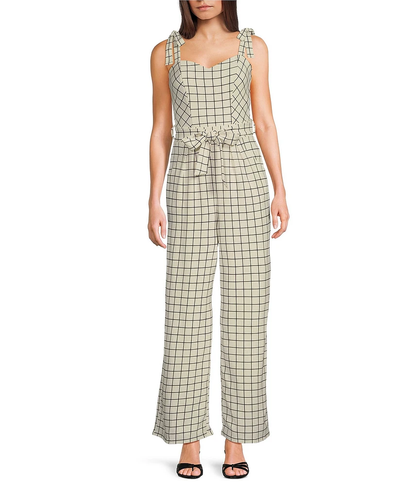 Honey and Rosie Plaid Sweetheart Neck Tie Shoulder Pleated Jumpsuit