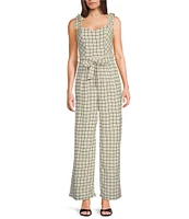 Honey and Rosie Plaid Sweetheart Neck Tie Shoulder Pleated Jumpsuit