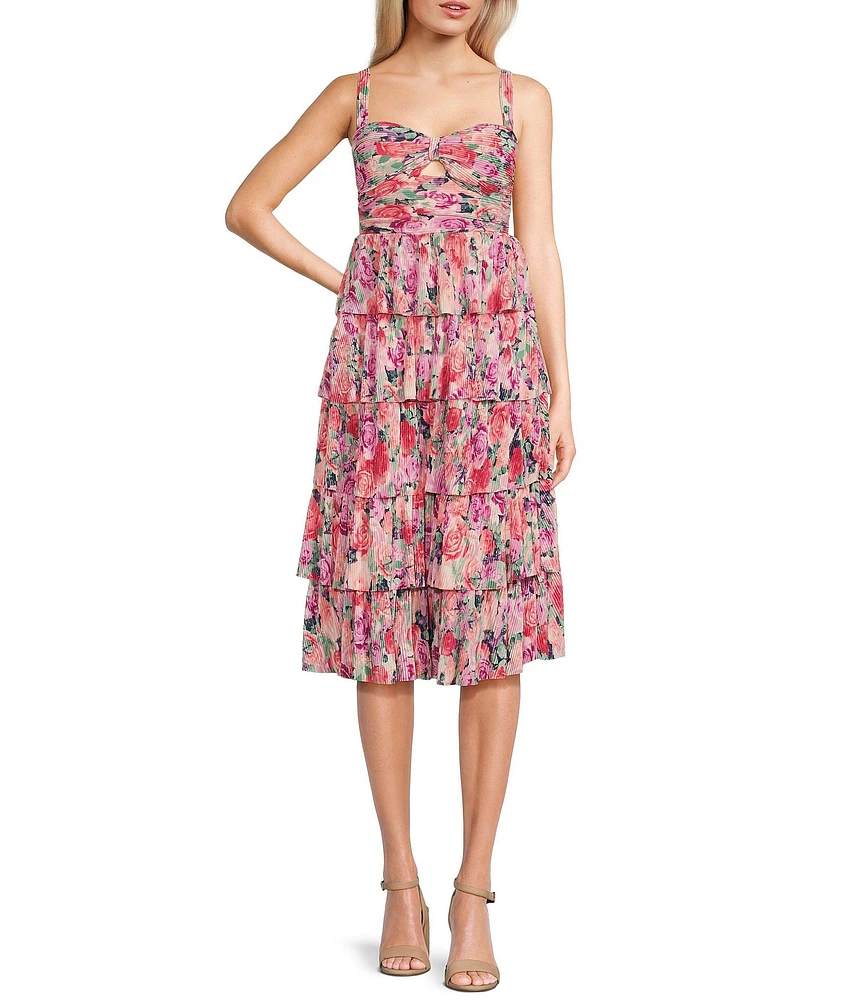 Honey and Rosie Pleated Floral Print Sleeveless Sweetheart Neck Keyhole Tiered Dress