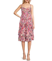 Honey and Rosie Pleated Floral Print Sleeveless Sweetheart Neck Keyhole Tiered Dress
