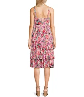 Honey and Rosie Pleated Floral Print Sleeveless Sweetheart Neck Keyhole Tiered Dress